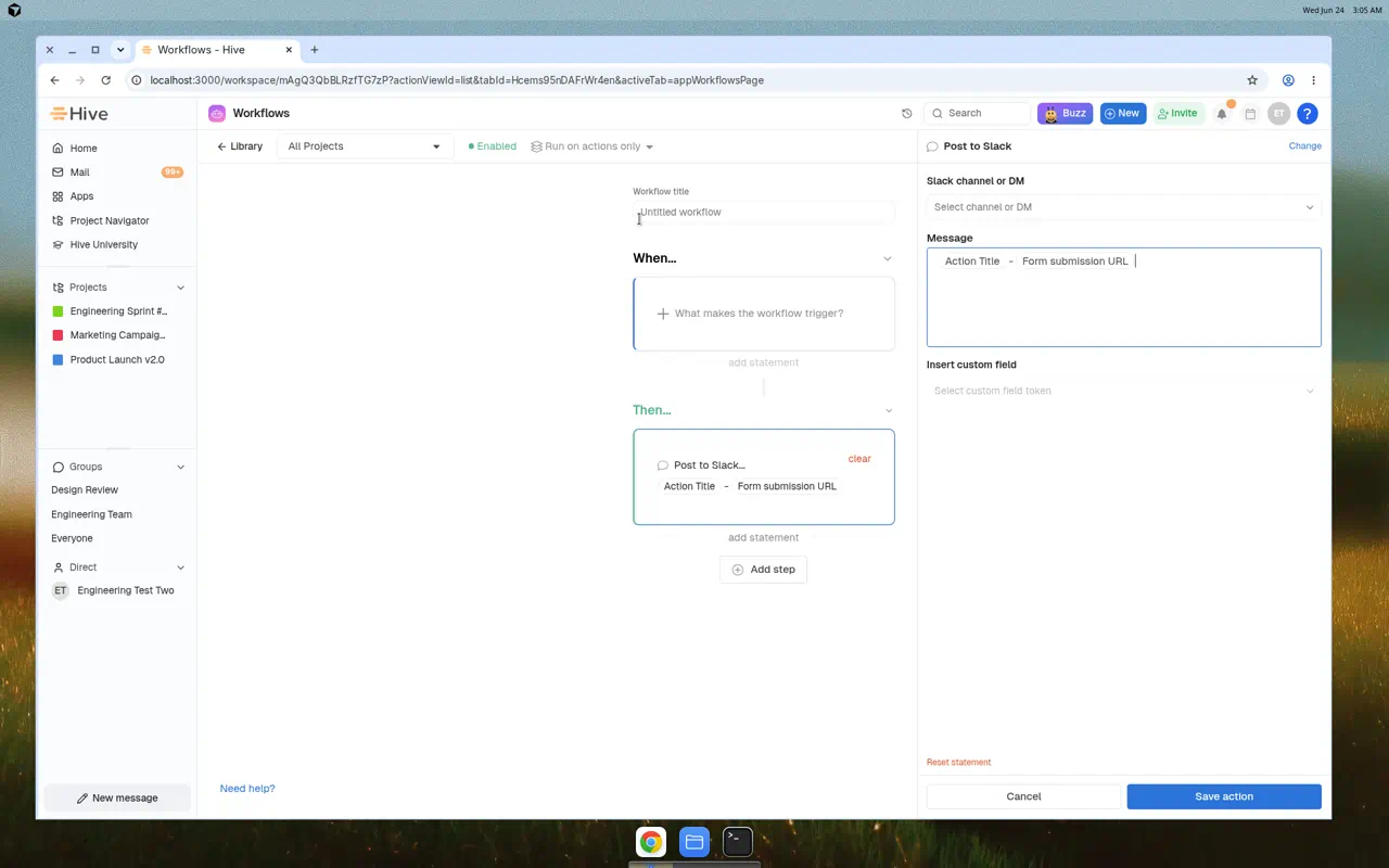Post to Slack workflow configuration with custom field tokens